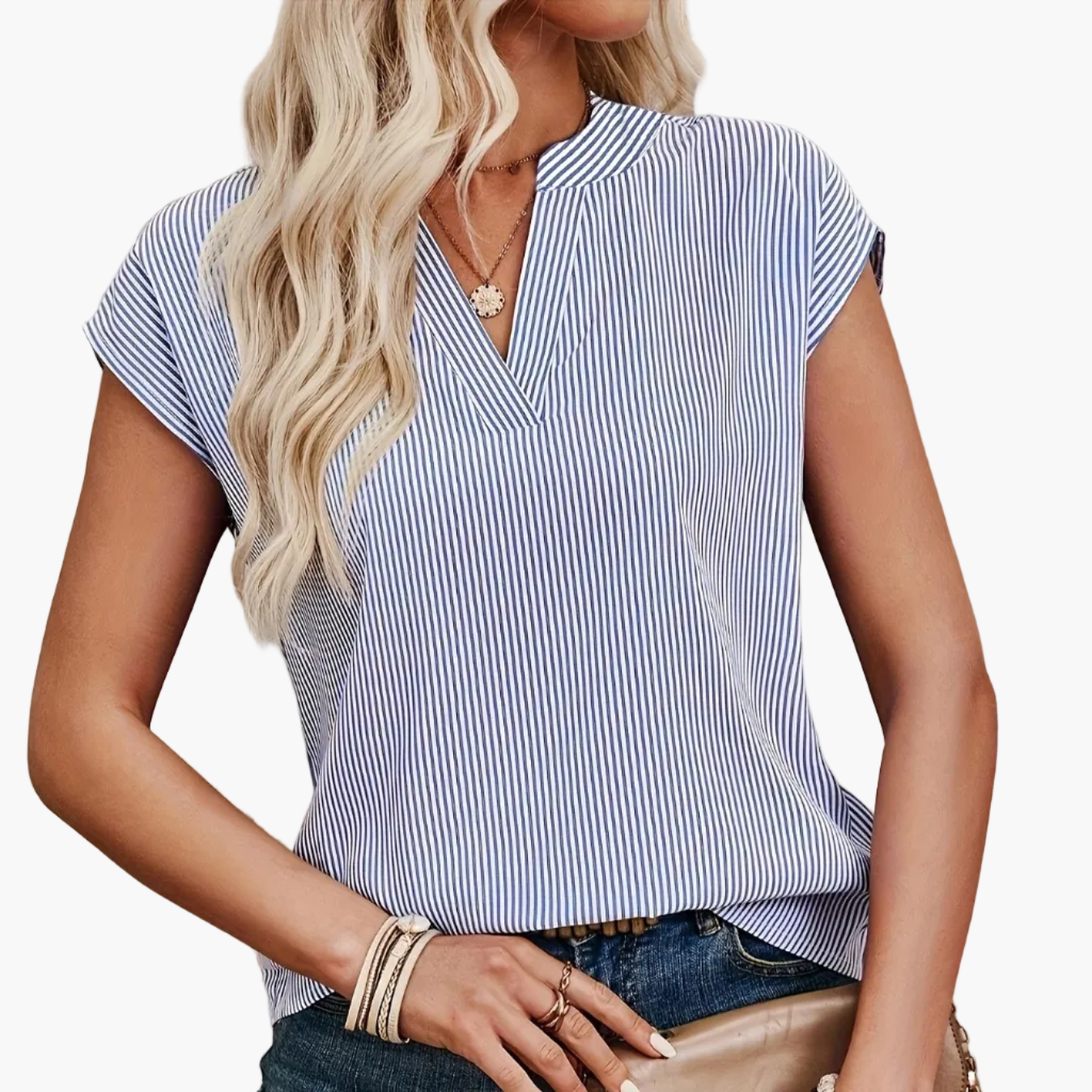 Damen Elegante Gestreifte Bluse mit V-Ausschnitt für Freizeit und Büro
