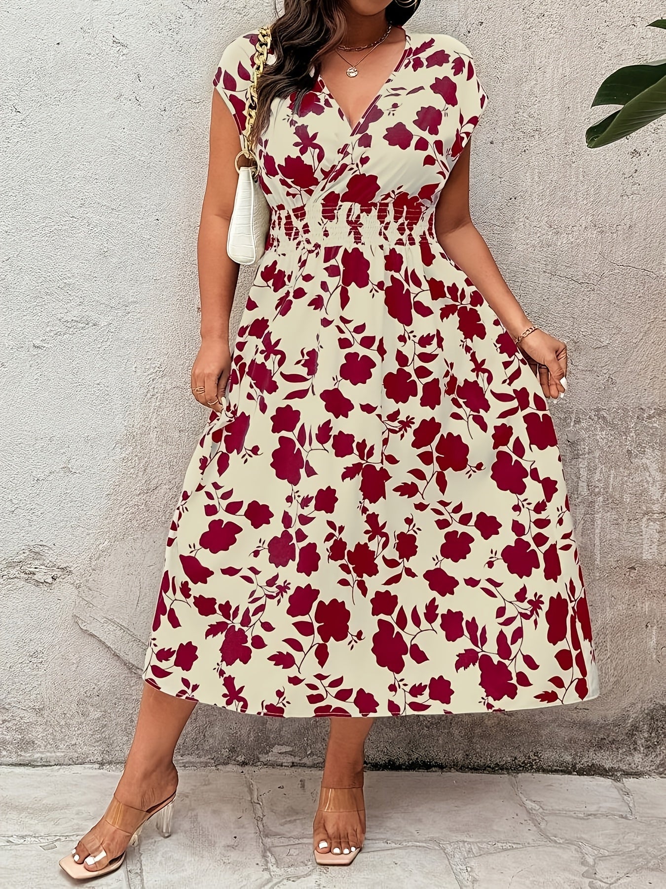 Damen Elegantes Wickelkleid mit Blumenmuster, Freizeit Midi-Kleid für Frühling und Sommer