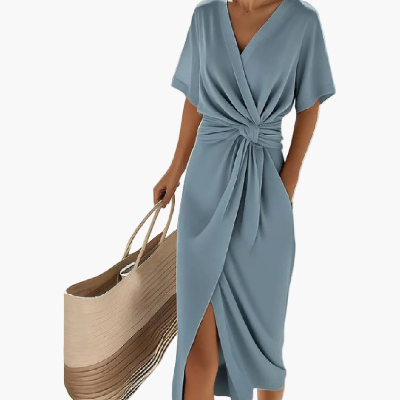 Damen Sommerkleid Elegant Wickelkleid mit Knoten und Kurzarm – Perfekt für Urlaub und Freizeit