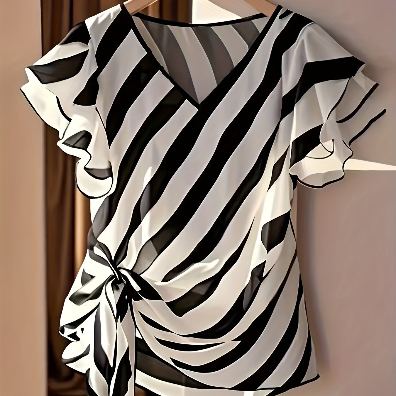 Damen Bluse mit Streifenmuster und Rüschenärmeln – Eleganter V-Ausschnitt und Taillenschleife, modisch für Büro und Freizeit