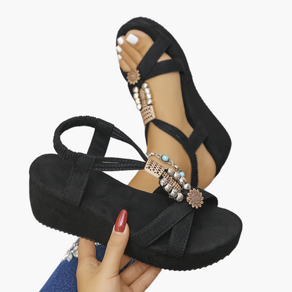 Damen Plateau-Sandalen mit Schmucksteinen und Vintage-Stil – Bequeme Sommerschuhe für Freizeit und Urlaub