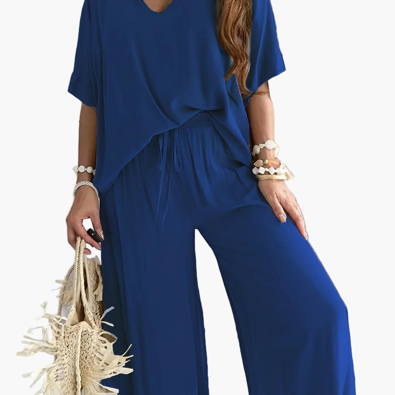 Damen Eleganter Einteiler Jumpsuit mit Weitem Bein und V-Ausschnitt – Modisch für Alltag und Freizeit