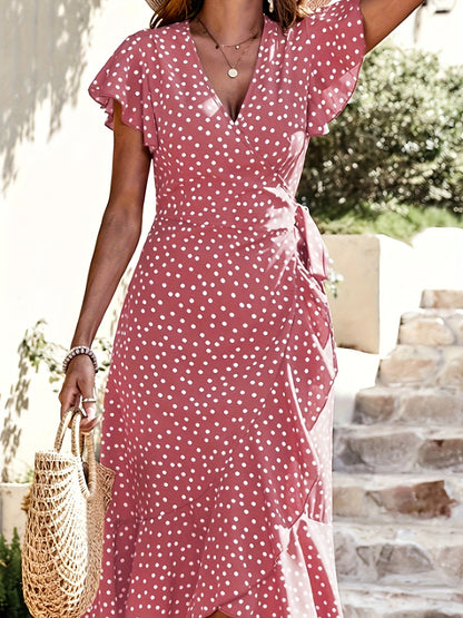 Damen Polka Dot Wickelkleid mit Rüschen – Eleganter Sommerstil für Alltag und Urlaub