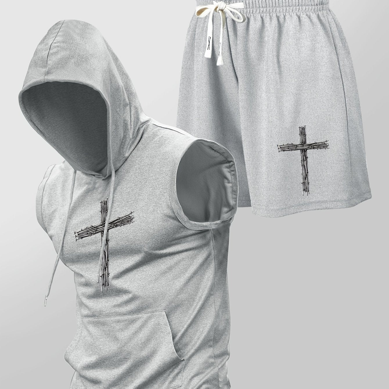 Herren Fitness Set mit Kapuzen-Ärmelloshirt und Shorts mit Kreuz-Print – Sportlicher Streetstyle Zweiteiler
