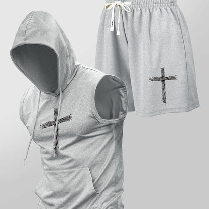 Herren Fitness Set mit Kapuzen-Ärmelloshirt und Shorts mit Kreuz-Print – Sportlicher Streetstyle Zweiteiler