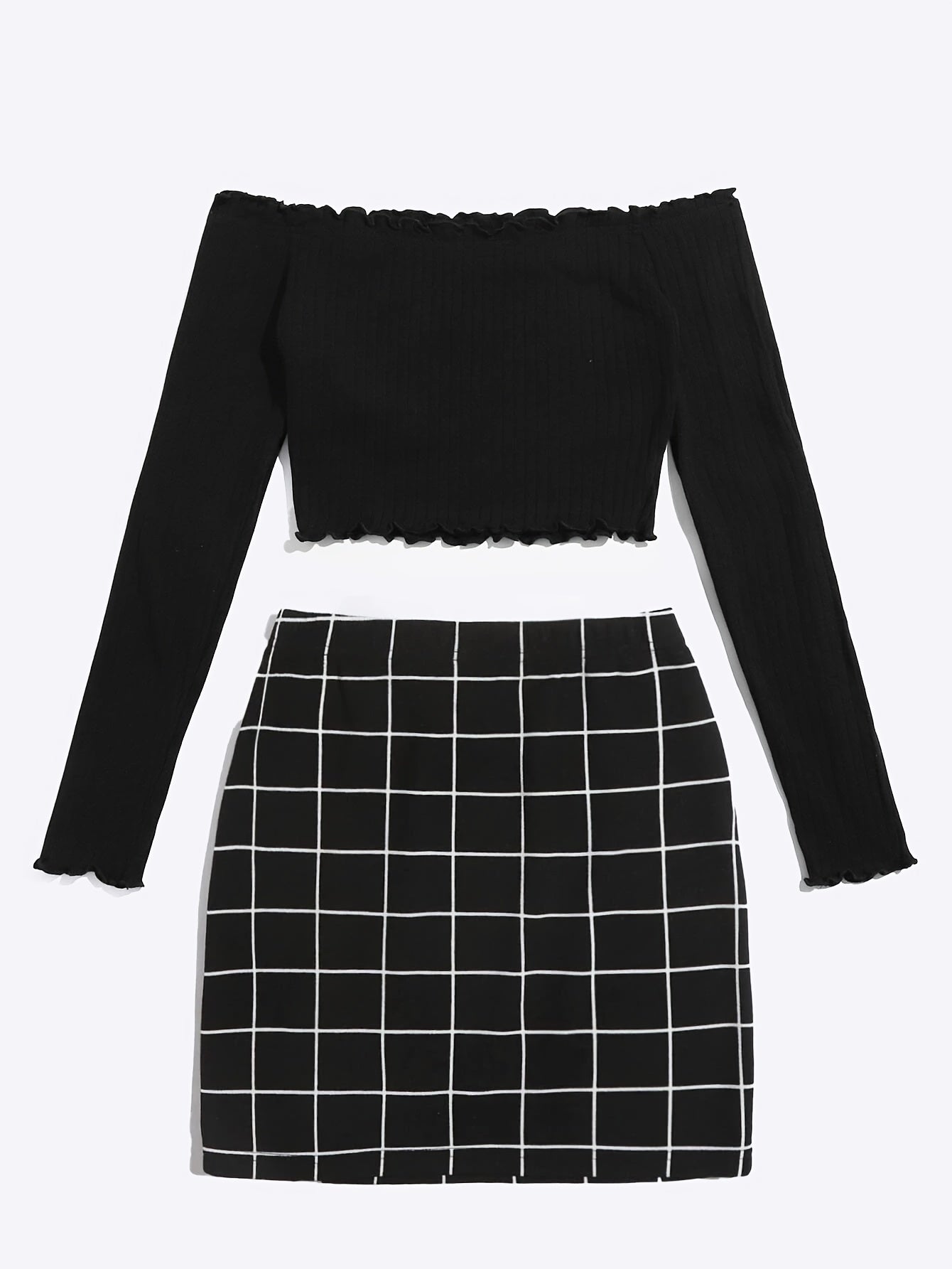 Damen Off-Shoulder Zweiteiler Set – Modisches Oberteil mit Karierter Minirock, Perfekt für Alltag und Ausgehen