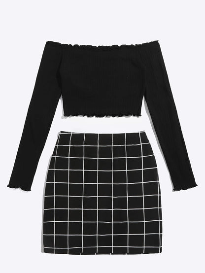 Damen Off-Shoulder Zweiteiler Set – Modisches Oberteil mit Karierter Minirock, Perfekt für Alltag und Ausgehen