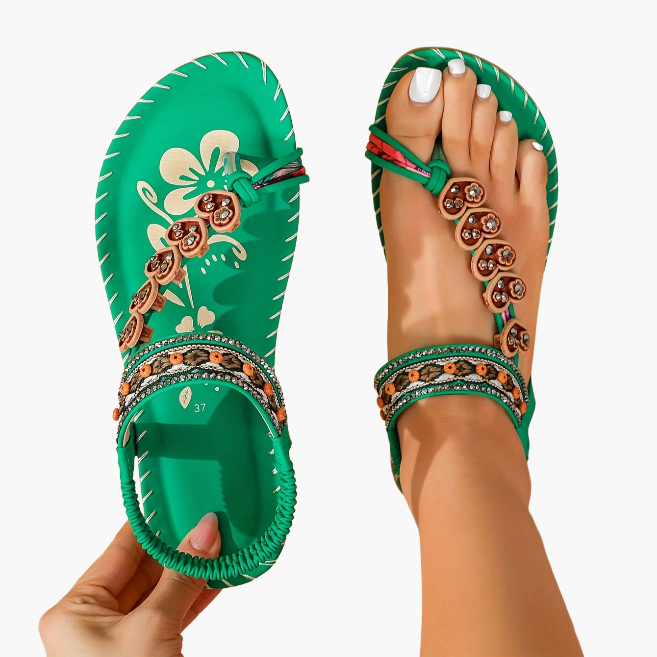 Damen Sandalen im Boho-Stil mit Ethno-Perlen – Bequeme Sommerschuhe für Freizeit und Urlaub