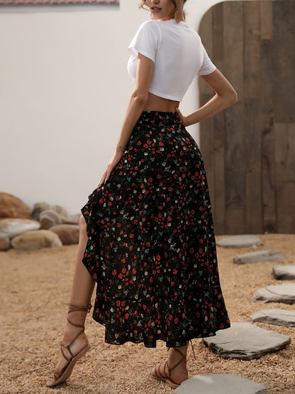 Damen Maxirock mit Blumenmuster und Volant, eleganter Sommerrock mit Schlitz