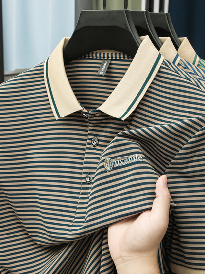 Herren Polo-Shirt mit Streifenmuster und Stickerei – Moderner Freizeitstil