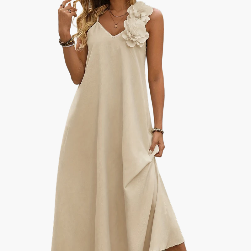 Damen Sommerkleid Elegant mit Blumenapplikation und V-Ausschnitt – Perfekt für Gartenpartys und besondere Anlässe