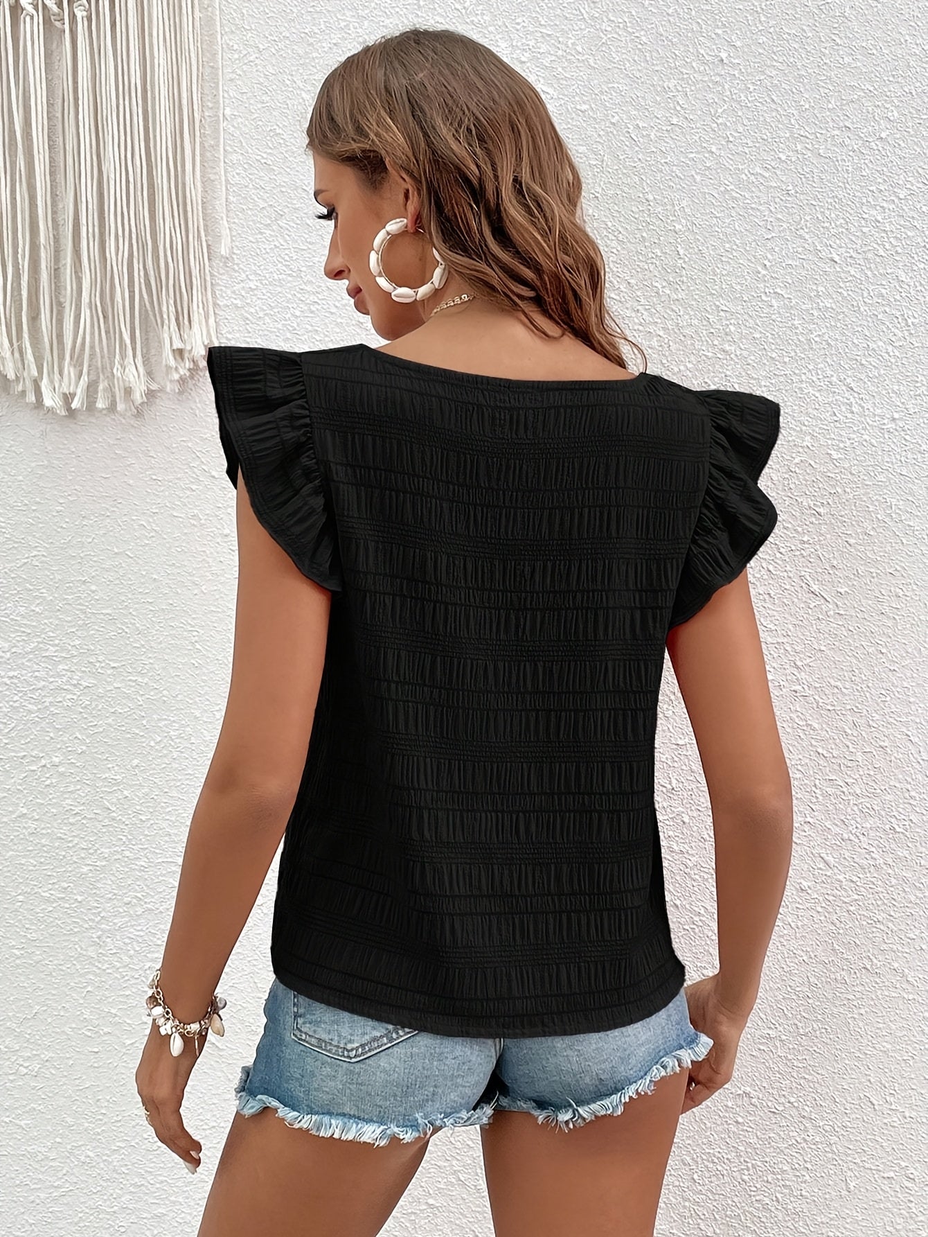Damen Sommer-Top mit Rüschenärmeln und quadratischem Ausschnitt – Modisches Freizeitshirt für den Alltag