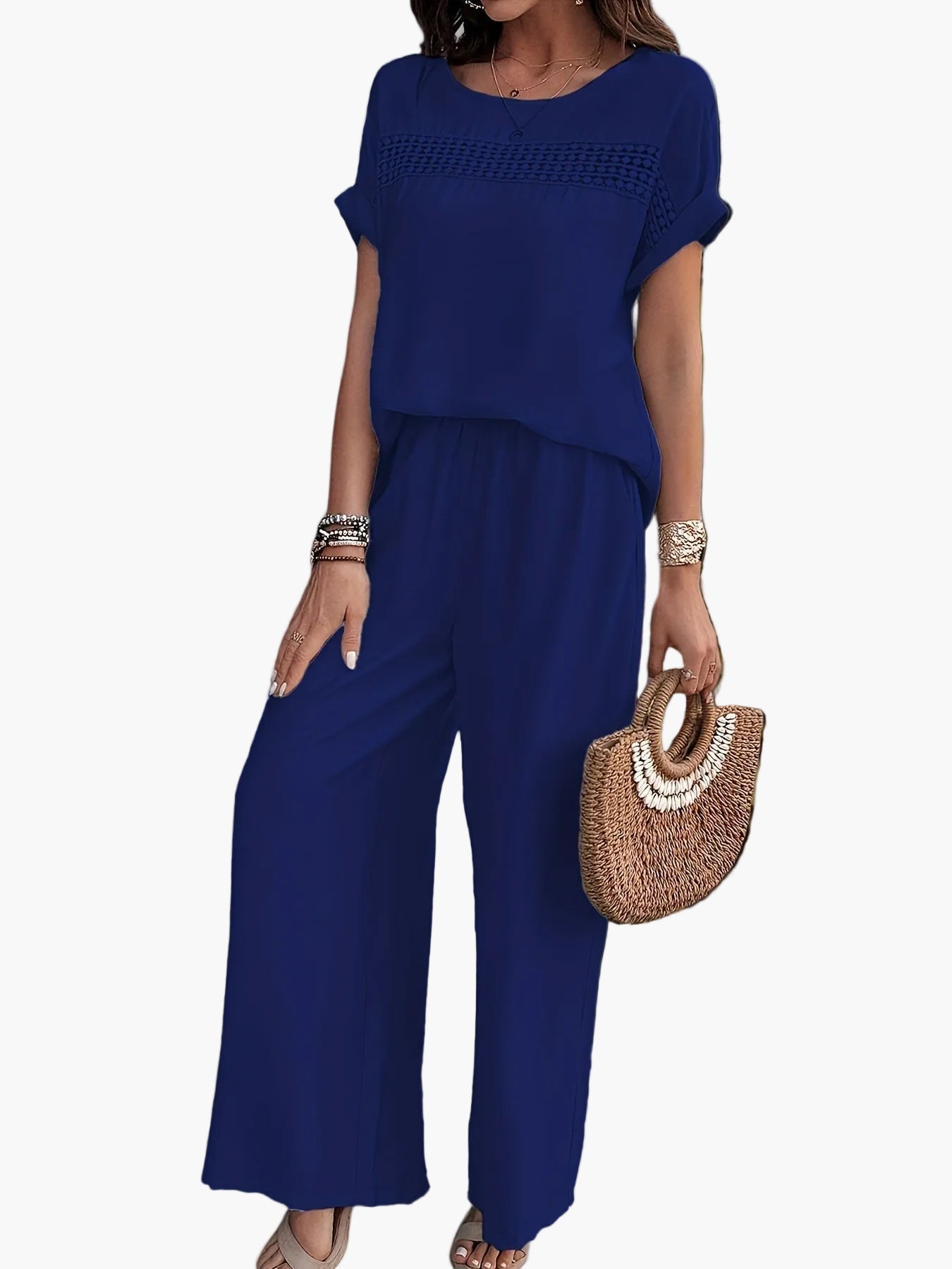 Damen Sommer Zweiteiler Set – Lässiges Boho Outfit mit weiter Hose und Kurzarm Bluse, Ideal für Strand & Freizeit