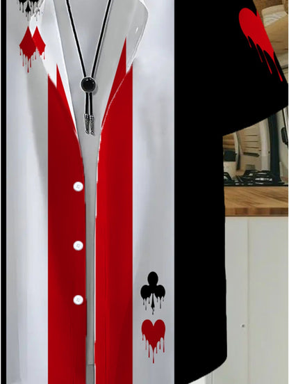 Herren Kurzarm Freizeithemd mit Spielkarten-Motiv und Knopfleiste – Stilvolles Party- und Freizeitshirt