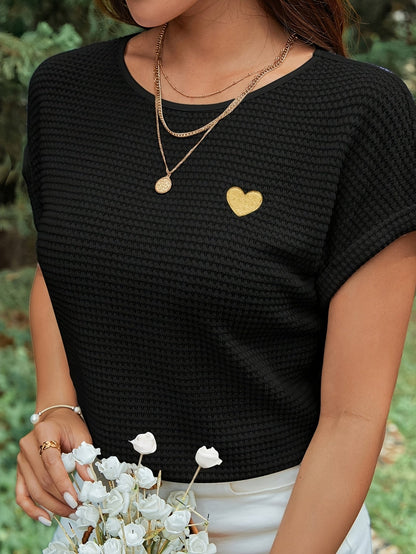 Damen Sommer Strickshirt mit Herz-Stickerei – Eleganter Freizeit-Look, Kurzarm, Ideal für Urlaub & Alltag