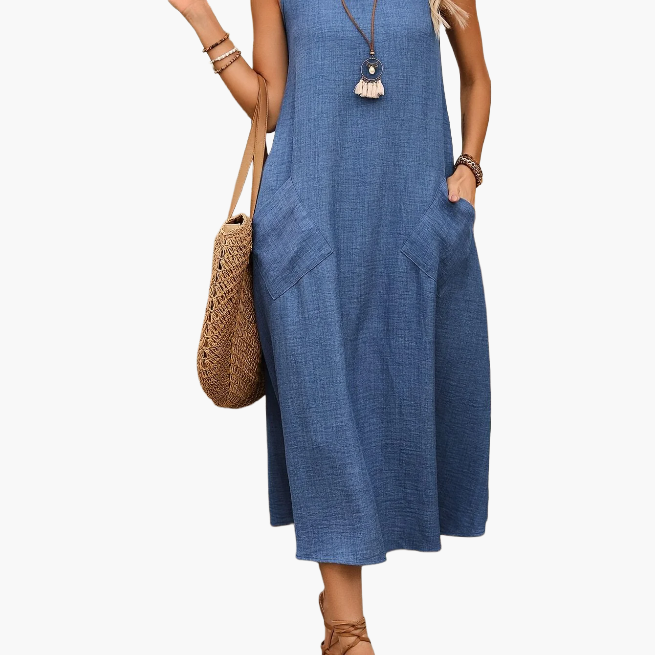 Damen Sommer Freizeitkleid ärmellos mit Taschen – Lockeres Midi Kleid für Alltag und Urlaub