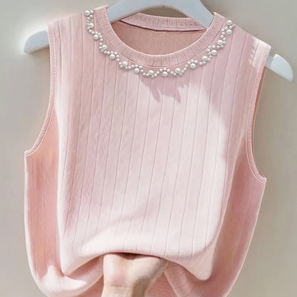 Damen Elegantes Stricktop mit Perlenbesatz, Ärmellos, Perfekt für Alltag und Büro