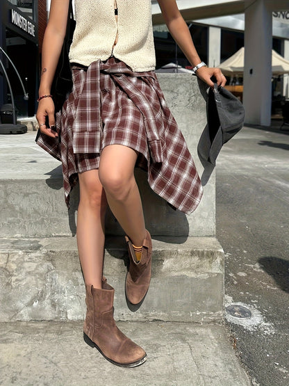 Damen Asymmetrischer Streetstyle-Rock mit Karo und Knotendetail – Urbaner Freizeitlook