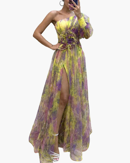 Damen Abendkleid mit One-Shoulder-Design und Blumenapplikation – Elegantes Maxikleid für besondere Anlässe