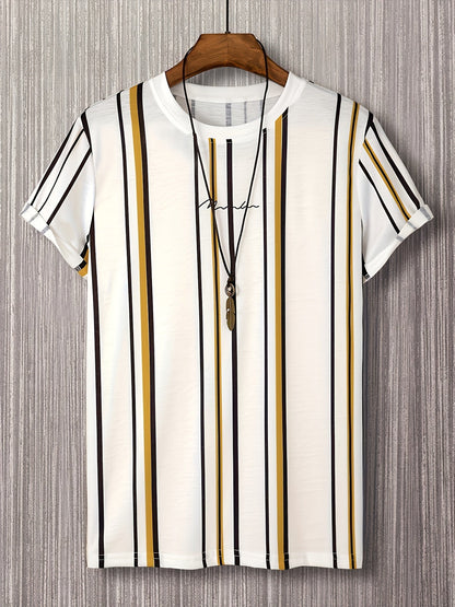 Herren T-Shirt mit vertikalem Streifenmuster und modernem Grafik-Print – Freizeit & Streetstyle