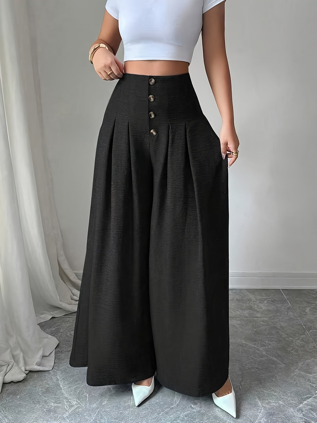 Damen Weite High-Waist-Hose mit Knopfdetails und Eleganten Falten – Modische Business & Freizeit Wide Leg Pants