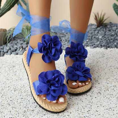 Damen Espadrille-Sandalen mit Blumenapplikation und eleganter Schleifenbindung – Romantische Sommerschuhe für besondere Anlässe
