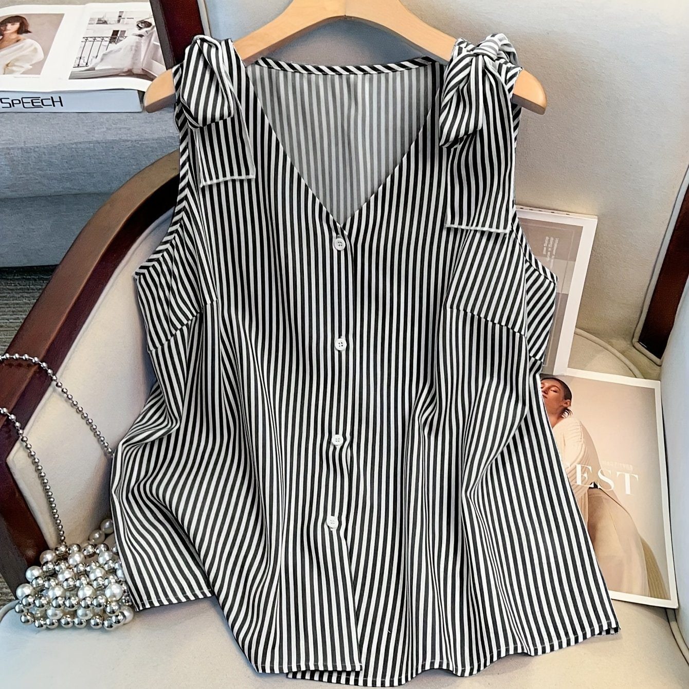 Damen Elegante Ärmellose Bluse mit Streifen und Knopfleiste – Sommer Business Freizeithemd