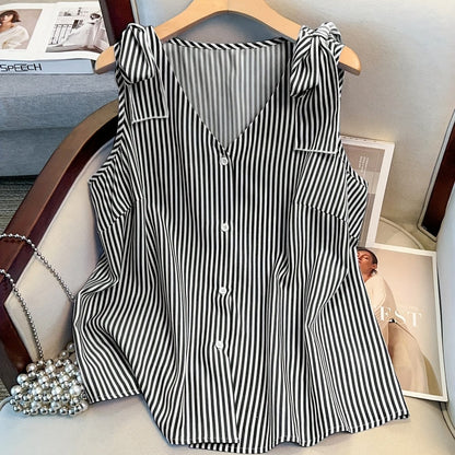Damen Elegante Ärmellose Bluse mit Streifen und Knopfleiste – Sommer Business Freizeithemd