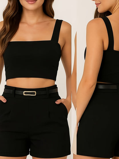 Damen Elegantes Crop Top und Shorts Set mit Gürtel – Stilvolles Sommer Outfit für Freizeit und Alltag