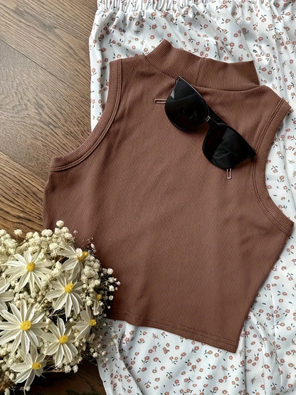 Damen Elegantes ärmelloses Crop Top mit Stehkragen – Perfekt für Frühling und Sommer