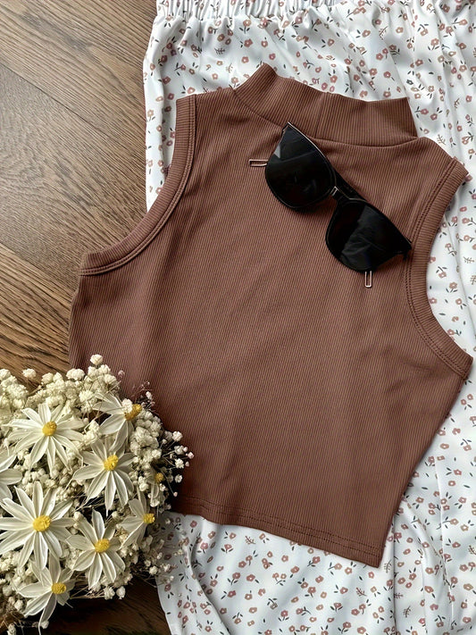Damen Elegantes ärmelloses Crop Top mit Stehkragen – Perfekt für Frühling und Sommer