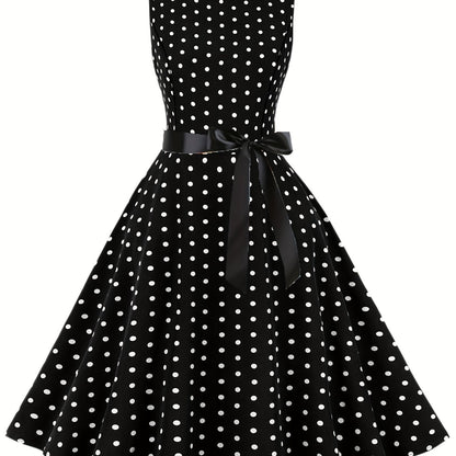 Damen Vintage Rockabilly Polka Dots Kleid mit Schleifen-Gürtel, Elegant, Ärmelos, Festlich & Alltag