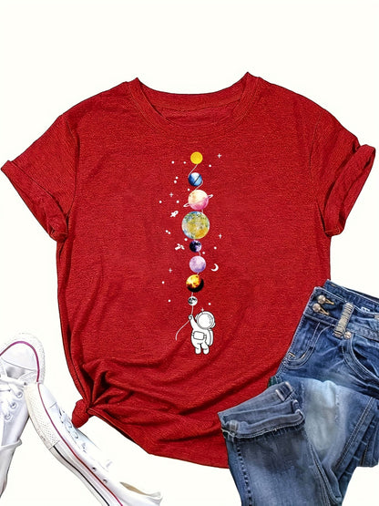 Damen T-Shirt mit Astronaut und Planeten – Casual Space Style für Alltag und Freizeit
