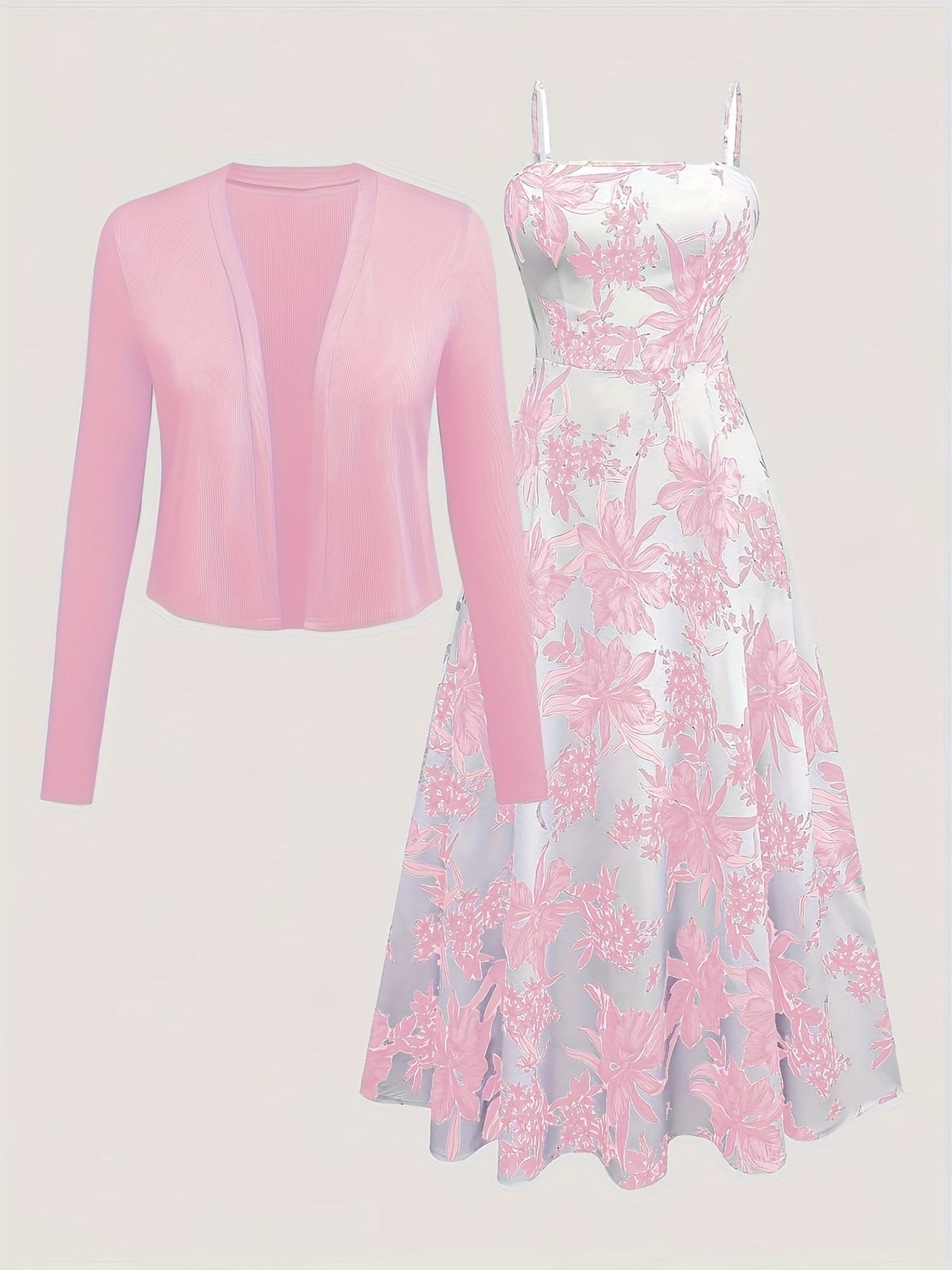 Elegantes Damen Kleid mit Blumenmuster und passendem Cardigan Set