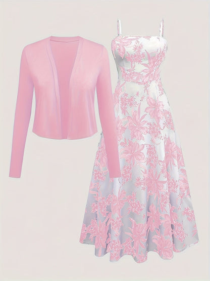 Elegantes Damen Kleid mit Blumenmuster und passendem Cardigan Set