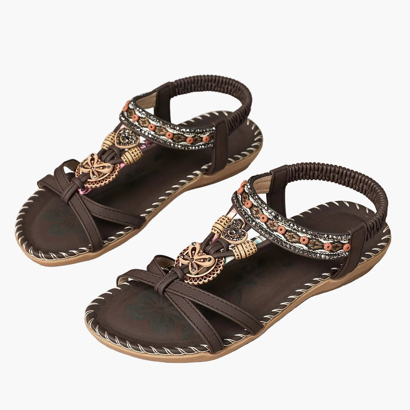 Damen Boho Sandalen mit Perlen und Ornamenten – Bequeme Sommerschuhe für Alltag & Urlaub