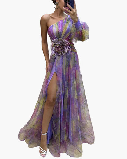 Damen Abendkleid mit One-Shoulder-Design und Blumenapplikation – Elegantes Maxikleid für besondere Anlässe