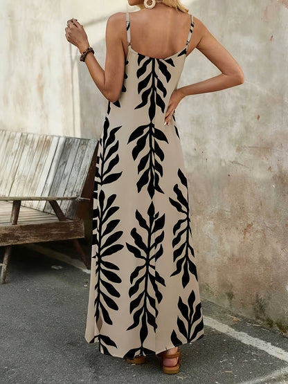 Damen Maxikleid mit botanischem Print und Boho-Stil – Lässiges Sommerkleid für Freizeit und Urlaub