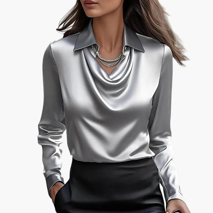 Damen Satinbluse mit Wasserfallausschnitt – Eleganter Business- & Freizeitstil