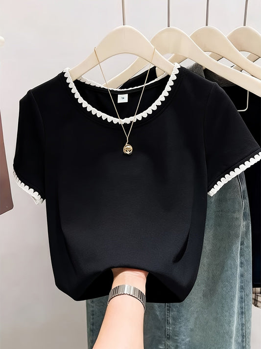 Damen Bluse mit Wellenkante und Rundhalsausschnitt – Eleganter Alltagsstil