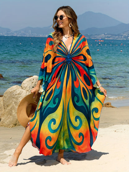 Damen Kaftan Maxi Strandkleid mit Schmetterlings-Print – Boho Urlaubs-Outfit