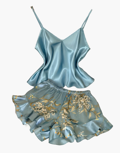 Damen Satin Pyjama Set mit Spaghettiträgern und Blumenmuster – Elegantes Schlafanzug-Set für den Sommer