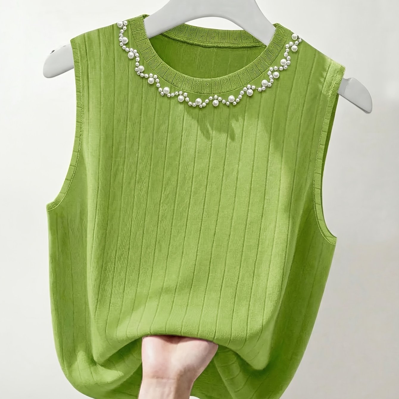 Damen Elegantes Stricktop mit Perlenbesatz, Ärmellos, Perfekt für Alltag und Büro