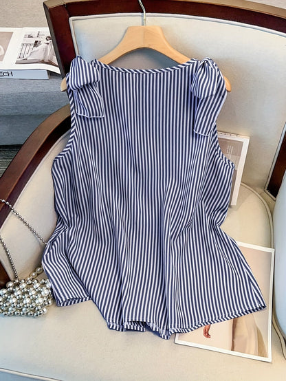 Damen Elegante Ärmellose Bluse mit Streifen und Knopfleiste – Sommer Business Freizeithemd