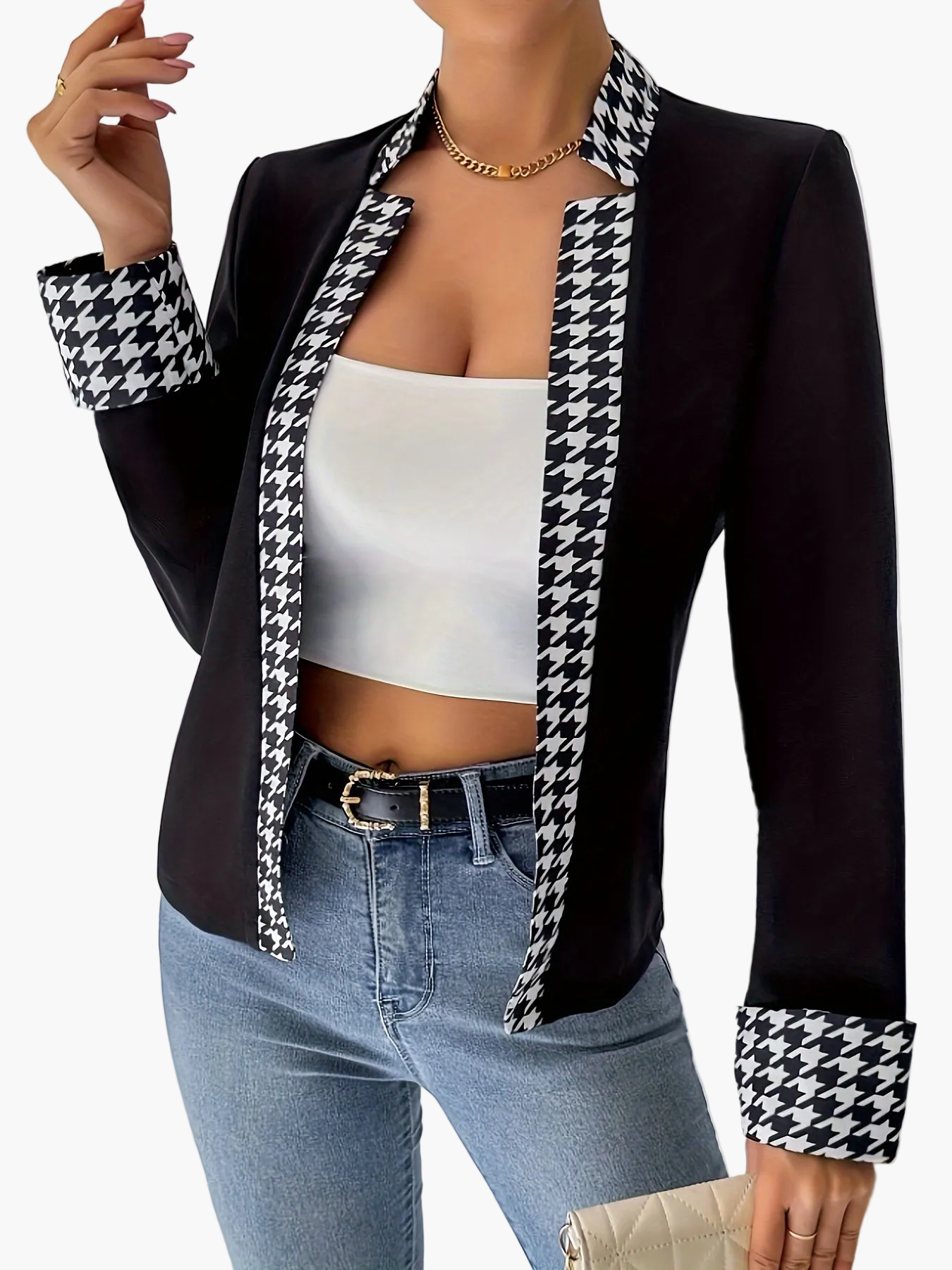 Damen Elegante Hahnentritt Blazerjacke für Büro und Alltag – Stilvoller Business Look