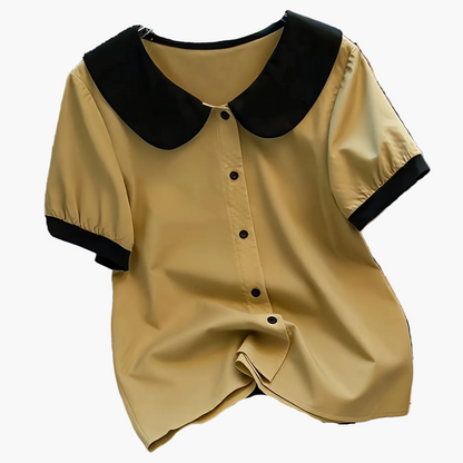 Damen Bluse im Vintage-Stil mit Kontrastkragen und kurzen Ärmeln – Elegante Alltagsmode