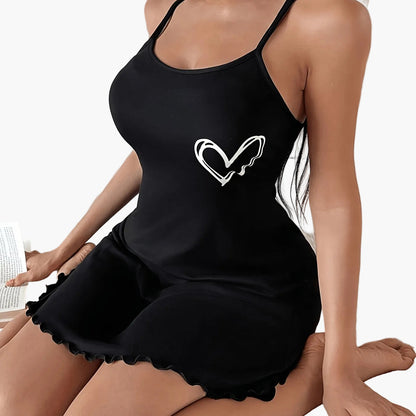 Damen Nachthemd mit Herz-Print und Spaghettiträgern – Modisches Loungewear- und Schlafkleid