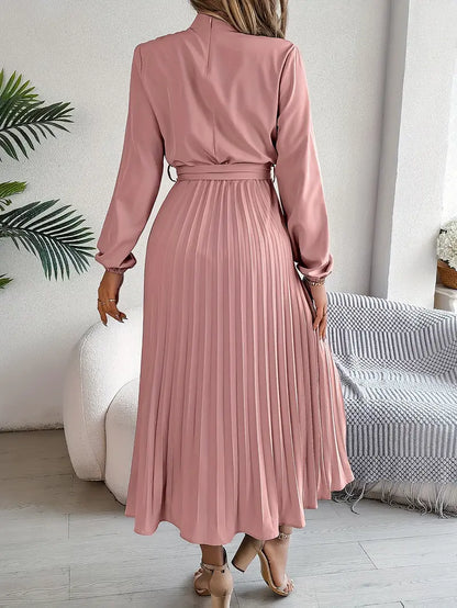 Damen Plisseekleid mit langen Ärmeln und Bindegürtel – Elegantes Midikleid für festliche Anlässe
