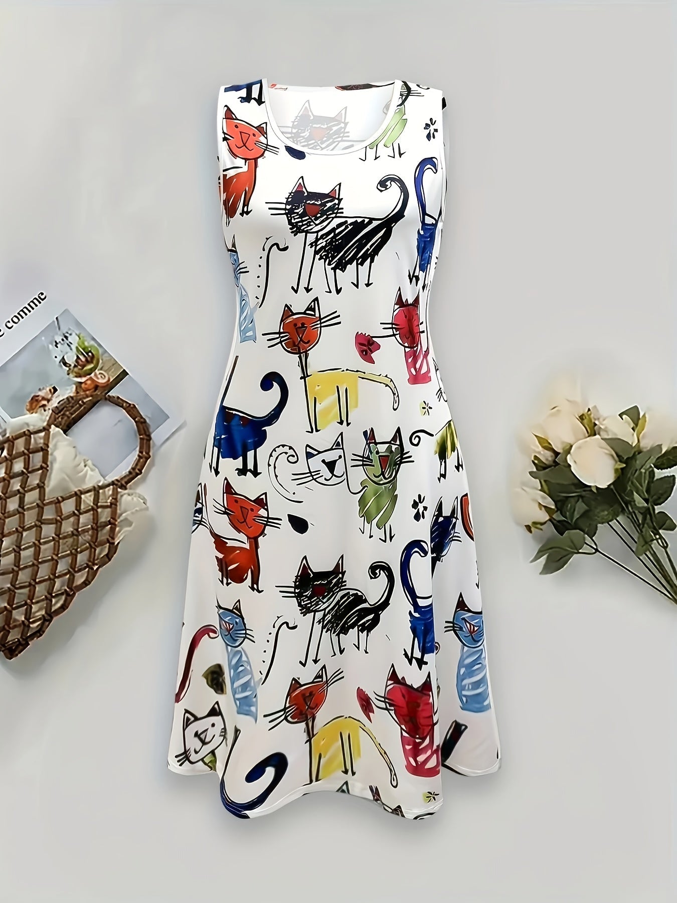 Damen Freizeitkleid mit buntem Katzen-Print – Verspieltes Sommerkleid für Katzenliebhaberinnen