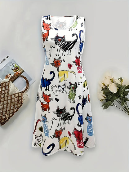 Damen Freizeitkleid mit buntem Katzen-Print – Verspieltes Sommerkleid für Katzenliebhaberinnen
